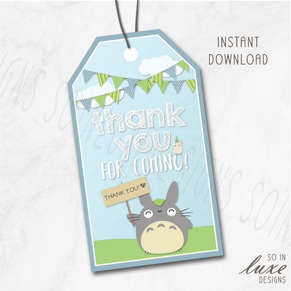 Totoro Thank You Tags | gift, party favor tags, cute, chibi, themed, cartoon, blue, green, gray, adorable, digital only RT021