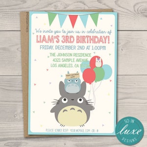 Totoro Birthday Party Invitation | my neighbor totoro, kids, boy, Balloons, Cute Birthday, Anime, Cartoon, Chibi, printed, printable RT006
