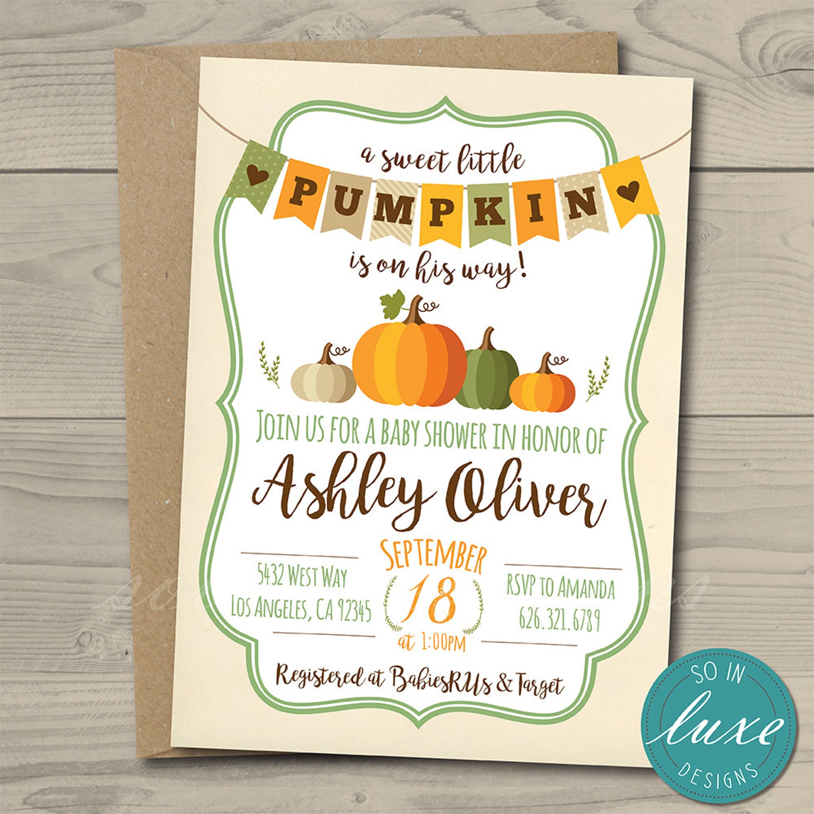Pumpkin Baby Shower Invitation Cute Baby Girl Little Etsy