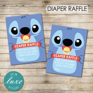 Bilety na loterię pieluchową Lilo i Stitch | baby shower, lilo i stitch, tematyczne, słodkie, kreskówkowe, niebieskie, urocze, smoczek, do wydrukowania