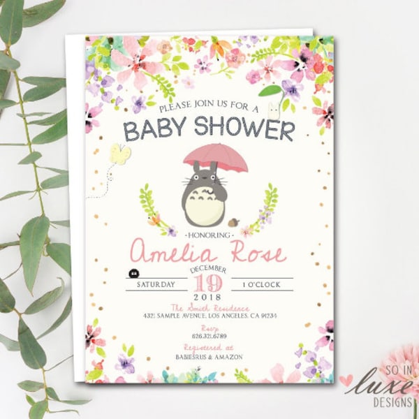 Totoro Baby Shower Invitation | floral, sprinkle, baby girl, spring, whimsical, cute, anime, cartoon, chibi, printed, printable RT027