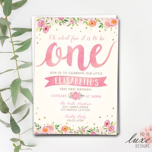 Pink One Girl Birthday Invitation | oh what fun it is to be one, first, floral, flowers, baby, blush, rose, cute, printed, printable