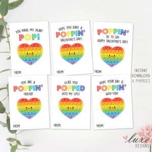 May include: Six printable Valentine's Day cards featuring a rainbow pop-it toy in the shape of a heart. The cards have different messages, including "You make my heart pop!" and "Hope your day is poppin' with fun!"