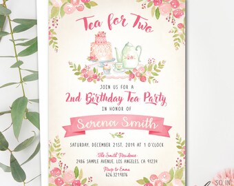 May include: A pink and green tea party invitation with watercolor illustrations of a teapot, cupcakes, and a cake. The text reads "Tea for Two", "Join us for a 2nd Birthday Tea Party", "In honor of Serena Smith", "Saturday, December 21st, 2019 at 1 o'clock", "The Smith Residence", "2486 Sample Avenue, Los Angeles, CA 91234", "Rsvp to Emma", "626.321.9876", and "So in Luxe Designs".