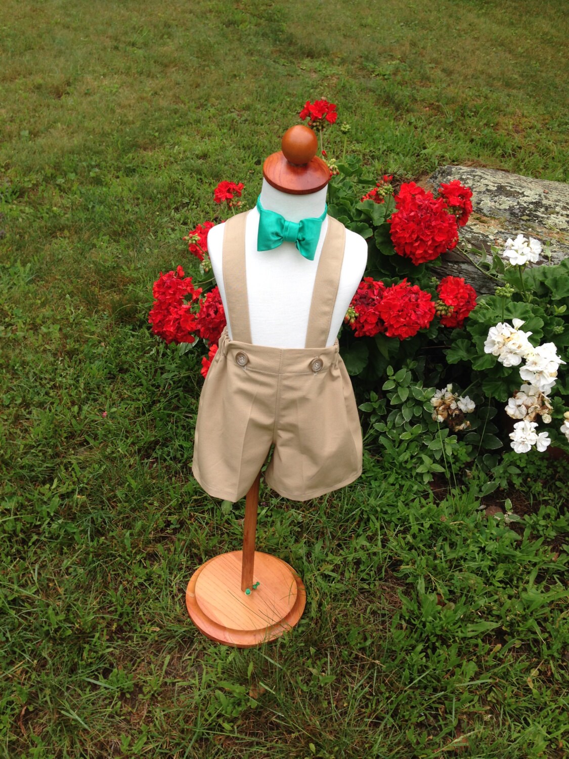 Boys Khaki Shorts With Bow Tie, Boys Suspender Shorts, Ring Bearer Shorts, Available to Order 12