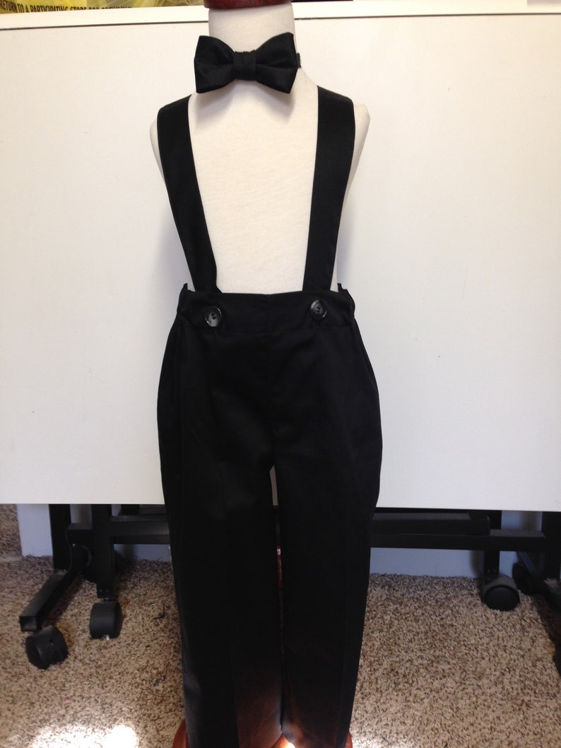 Boys suspenders pants; ring bearer ; black; with matching bow tie