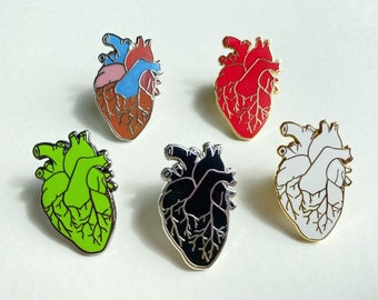 Set of Anatomical Human Heart Enamel Pin: Medical Anatomy Pin, Valentines Day Nurse Gift Doctor Graduation, Green Red Black White