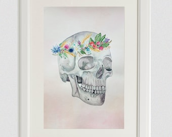 Floral Human Skull Watercolor Painting: Original Anatomy Artwork, Unique Wall Decor