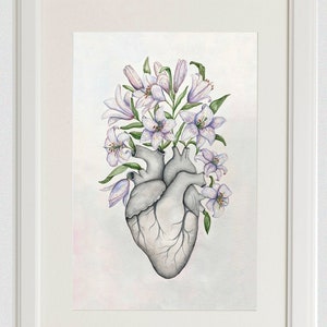 Blooming Heart with Lilies Anatomy Painting: Anatomical Original Artwork, Floral Cardiologist Doctor Office Flower Decor image 1