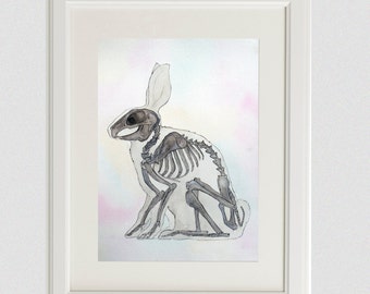Puede incluir: Una pintura de acuarela de un esqueleto de conejo. El conejo está sentado sobre sus patas traseras con sus patas delanteras descansando sobre su pecho. El esqueleto está representado en tonos de gris y blanco, con un fondo rosa pálido.