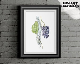 Spine with Grapes: Human Watercolor Skeleton, Tattoo Design, Doctor Office Wall Art Print, Floral Anatomy, DIGITAL