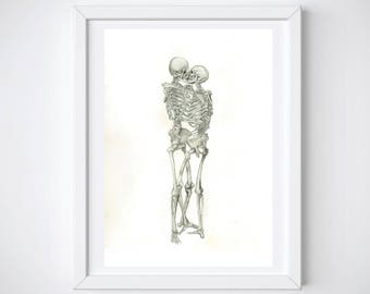 Skeleton Kissing Print | Anatomy Art, Endless Love Gift