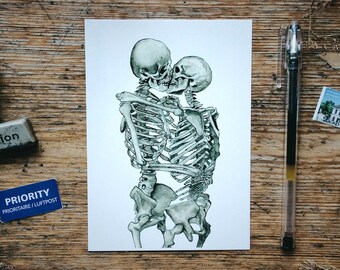 Kissing Skeletons Postcard: LGBTQ+, Gay Lesbian, I Love You Forever, Unique Anatomy Art, Valentines Card, Small Print