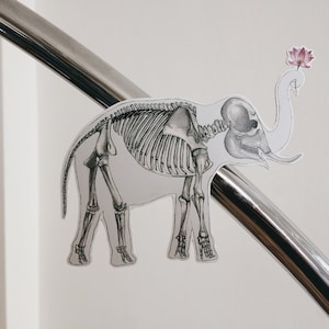 May include: A black and white illustration of an elephant skeleton with a pink lotus flower on top of its head. The illustration is on a white background.