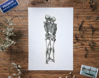 Skeleton Kiss Postcard: Anatomy Card, Love Forever, Unique Wedding, Small Print