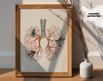 Floral Lungs Anatomy Botanical Poster: Bloomining Flower Watercolor Art, Tattoo Design, Doctor Office Wall Art Print, DIGITAL