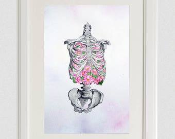 May include: A watercolor painting of a human skeleton with pink flowers growing inside the rib cage. The background is a soft purple and pink watercolor wash.