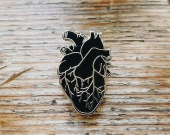 Black Heart Hard Enamel Pin: Small Anatomical Human Heart, Dark Anatomy Art Valentines Day Gift