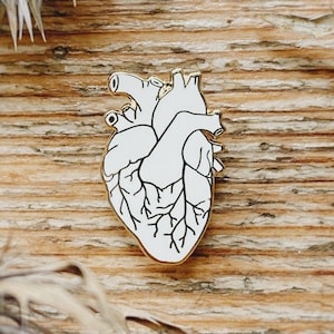 White Human Heart Enamel Pin: Small Anatomical Pin, 1 inch Golden Medical Pin Valentines Day Gift image 1