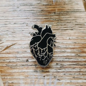 Black Heart Hard Enamel Pin: Small Anatomical Human Heart, Dark Anatomy Art Valentines Day Gift image 1