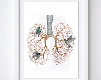 Op de afbeelding: Een aquarel schilderij van een paar longen met takken van roze bloemen en kleine vogels die op de takken zitten. De longen zijn afgebeeld in een realistische anatomische stijl.