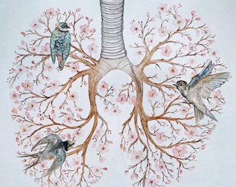 Floral Lungs Watercolor Painting: Anatomy Art, Human Lungs in Spring, Unique Original Artwork, Cherry Blossom and Swallows