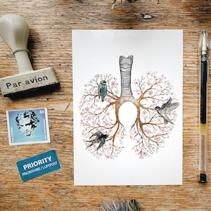 Lungs in Spring Anatomy Postal: Tarjeta de ilustración botánica floral, Pandemic Stay Healthy, letra pequeña