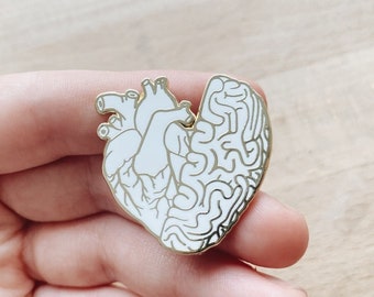White Half Heart Brain Enamel Pin: Small Human Anatomical Lapel Pin, Love Golden Medical Pin Valentines Day Gift