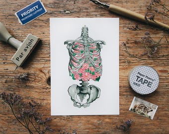 Op de afbeelding: Een aquarel schilderij van een menselijke ribbenkast met roze bloemen die erin groeien. Het schilderij is op wit papier en is omgeven door een houten oppervlak.