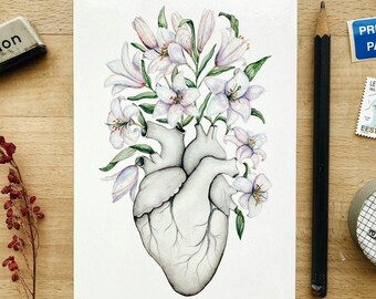 Lily Floral Heart Postcard: Anatomy Art Gift, Anatomical Lilies Flower Nature, Illustrated Card