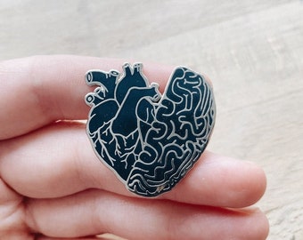 Black Half Heart Brain Hard Enamel Pin: Small Anatomical Human Organ, Dark Anatomy Art Valentines Day Gift