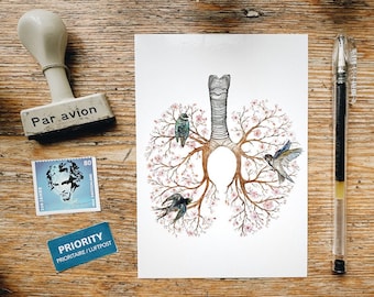 Lungs in Spring Anatomy Postcard: Floral Botanical Illustration Card, Pandemic Stay Healthy, Small Print