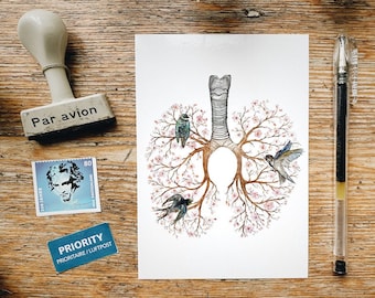 May include: A watercolor illustration of a pair of lungs with a tree growing from each lung. The trees are in bloom with pink flowers and there are small birds perched on the branches. The illustration is on a white background.