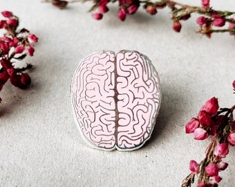 Pink Anatomical Brain Enamel Pin: Human Anatomy, Tiny Silver Medical Brooch