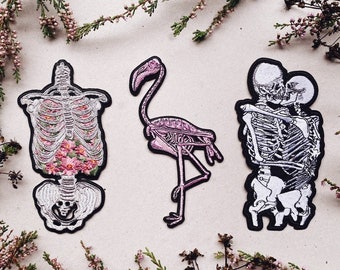 Full set of 3 Anatomical Patches: Skeleton Kiss, Blooming Ribs, Flamingo, Floral Human Anatomy Love, Embroidery Iron-on Patch Punk