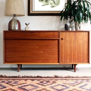 May include: A mid-century modern wooden cabinet with a single drawer and a cabinet door. The cabinet is sitting on a rug with a geometric pattern in shades of pink, brown, and blue. A framed print of a squirrel skeleton is hanging on the wall above the cabinet.