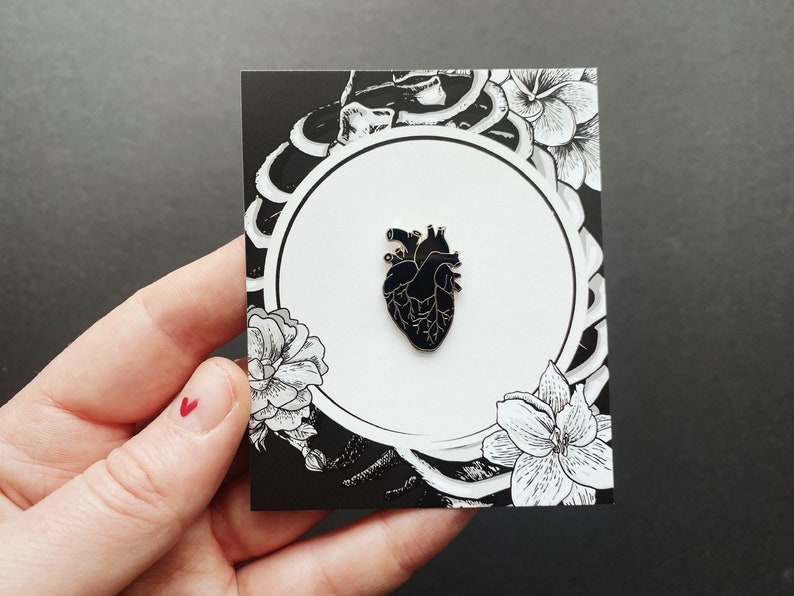 Black Heart Hard Enamel Pin: Small Anatomical Human Heart, Dark Anatomy Art Valentines Day Gift image 4