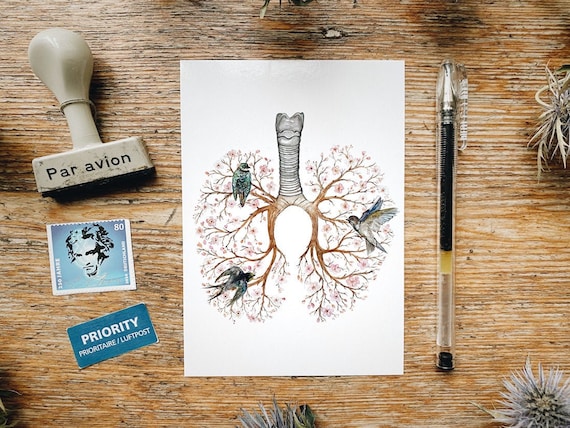 Lungs in Spring Anatomy Postcard: Floral Botanical Illustration Card, Pandemic Stay Healthy, Small Print