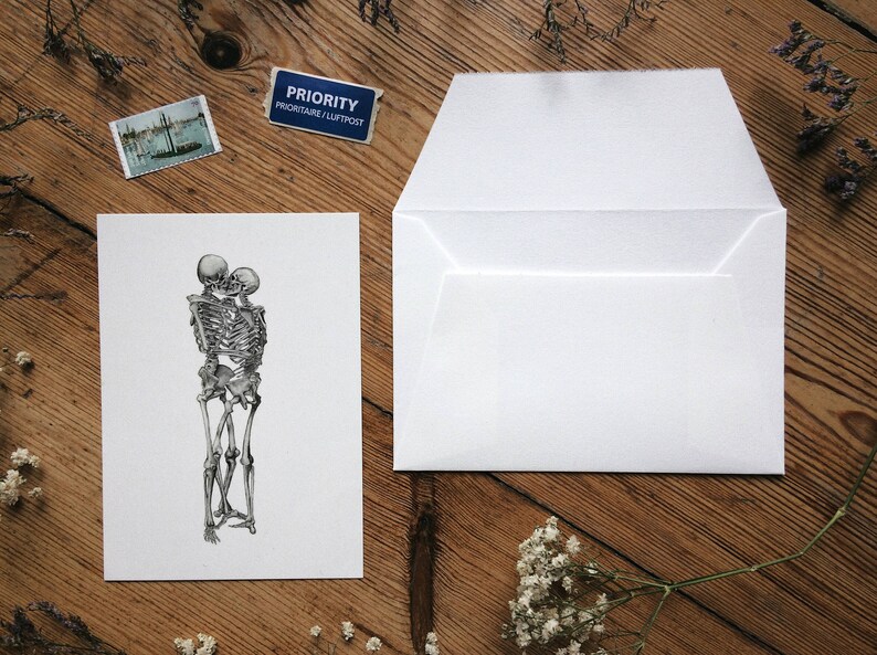 Skeleton Kiss Postcard: Anatomy Card, Love Forever, Unique Wedding, Small Print image 2