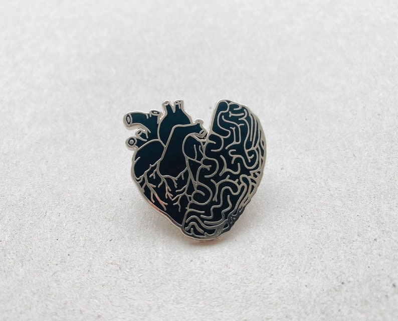 Black Half Heart Brain Hard Enamel Pin: Small Anatomical Human Organ, Dark Anatomy Art Valentines Day Gift image 2