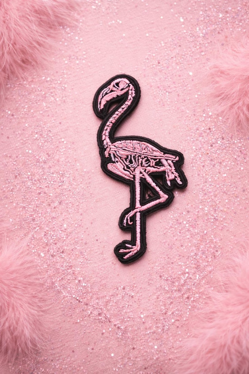 Flamingo Skelett Anatomisch Aufnäher: Pink Vogel Anatomie, Tier Stickerei Bügelbild Punk Bild 1