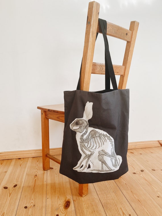 Rabbit Skeleton Black Tote Bag: Anatomical Bunny, Gothic  display picture 2