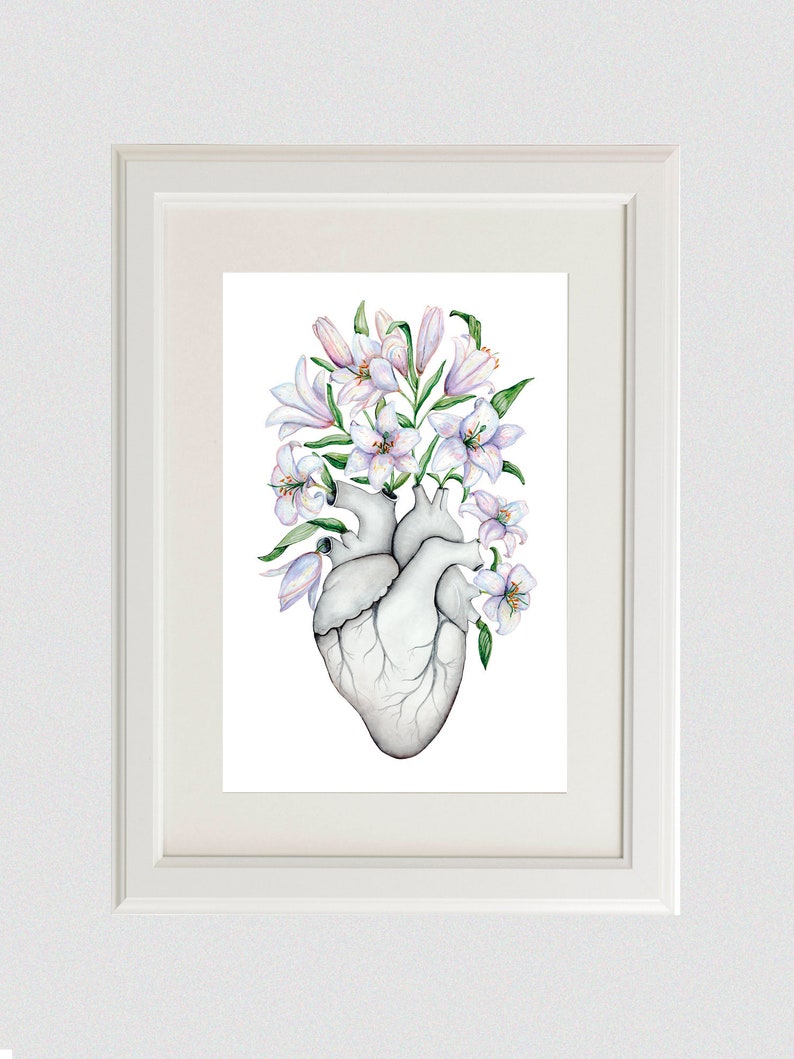 May include: A watercolor painting of a human heart with white lilies growing from the top. The heart is anatomically correct and the lilies are delicate and detailed.