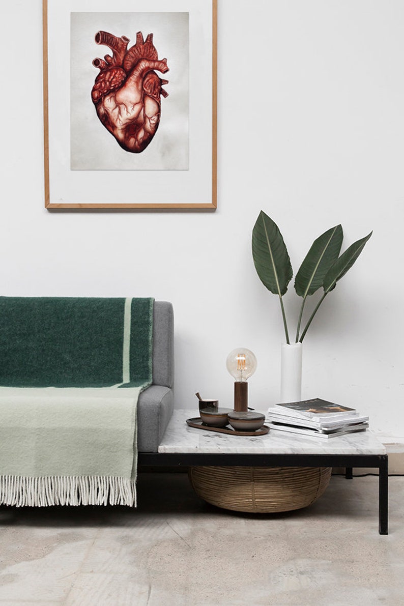 Puede incluir: Una manta de tiro verde y blanca drapeada sobre un sof&aacute; gris con una impresi&oacute;n de coraz&oacute;n anat&oacute;mico enmarcada en la pared detr&aacute;s. Un jarr&oacute;n blanco con hojas verdes y una l&aacute;mpara de mesa con una bombilla est&aacute;n sobre una mesa de caf&eacute; de m&aacute;rmol con una cesta tejida debajo.