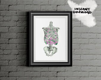 Blooming Ribs: Human Anatomy Painting, Floral Skeleton Watercolor, Valentines Day Gift, Tattoo Design, Doctor Office Wall Art Print, DIGITAL