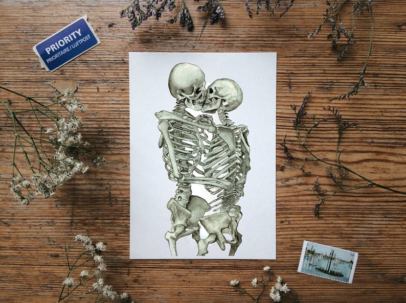 Set of ANY 2 Anatomy Postcard: Watercolor for Student, Wedding Vintage Card, Kiss Love Skeleton Ribs Floral Spine Lungs Heart Brain Kiss Big