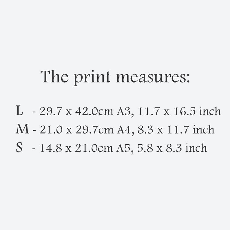 K&ouml;nnte beinhalten: Druckgr&ouml;&szlig;entabelle mit den Ma&szlig;en in Zentimetern und Zoll f&uuml;r drei Gr&ouml;&szlig;en: Gro&szlig;, Mittel und Klein. Die Gr&ouml;&szlig;en entsprechen den Papierformaten A3, A4 und A5.