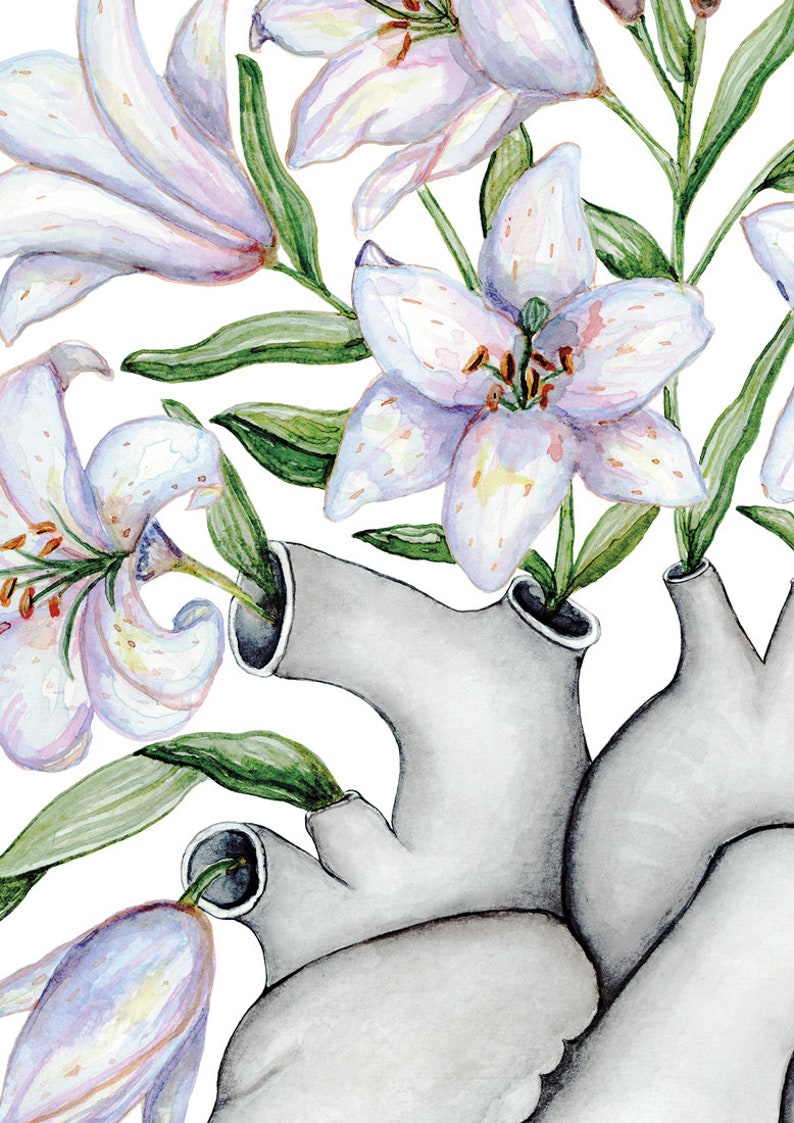 Heart with Lilies Fridge Magnet: Anatomy Art, Anatomical Gift, Human Flower Floral image 2