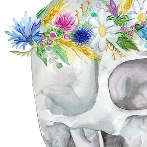 May include: A watercolor painting of a human skull with a floral crown. The crown is made of white, yellow, pink, blue, and green flowers. The skull is painted in shades of gray and white.