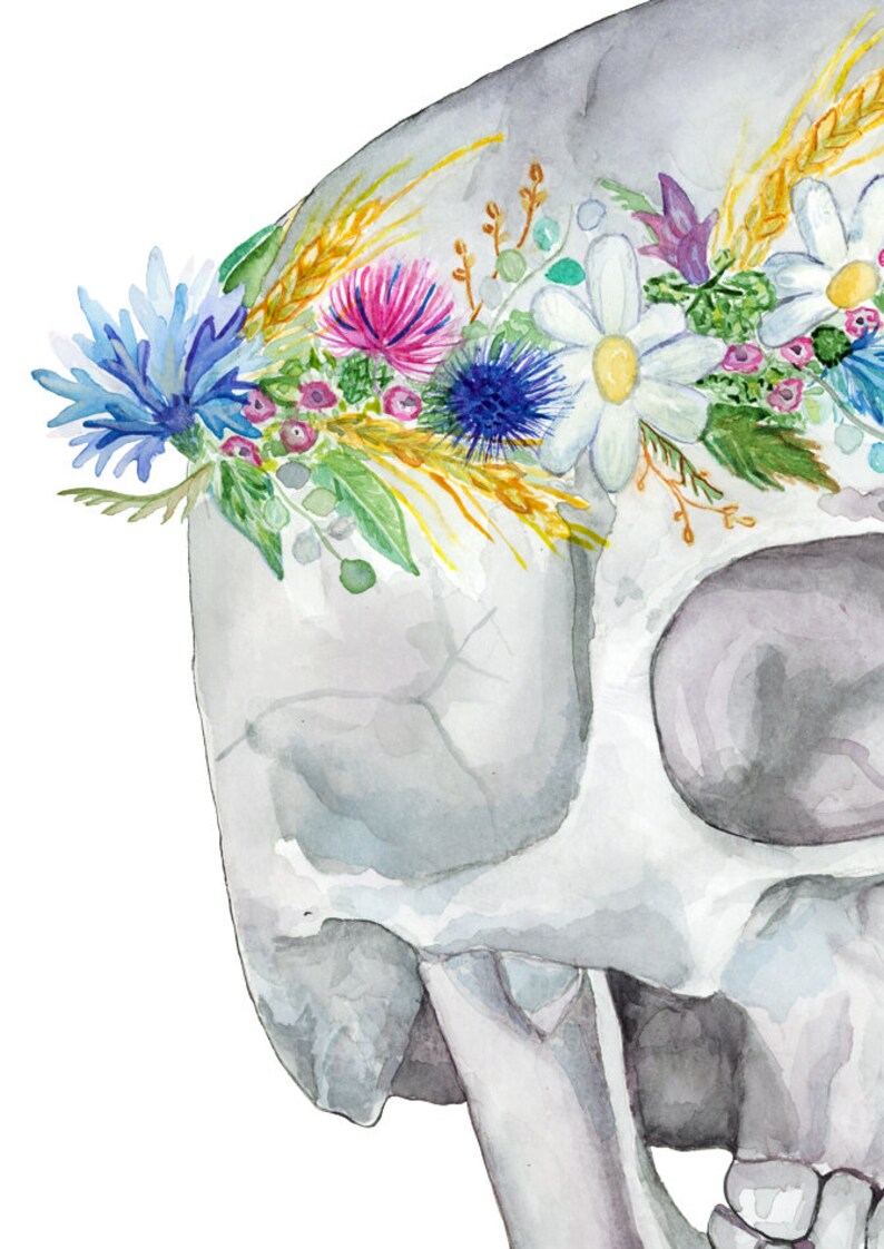 May include: A watercolor painting of a human skull with a floral crown. The crown is made of white, yellow, pink, blue, and green flowers. The skull is painted in shades of gray and white.